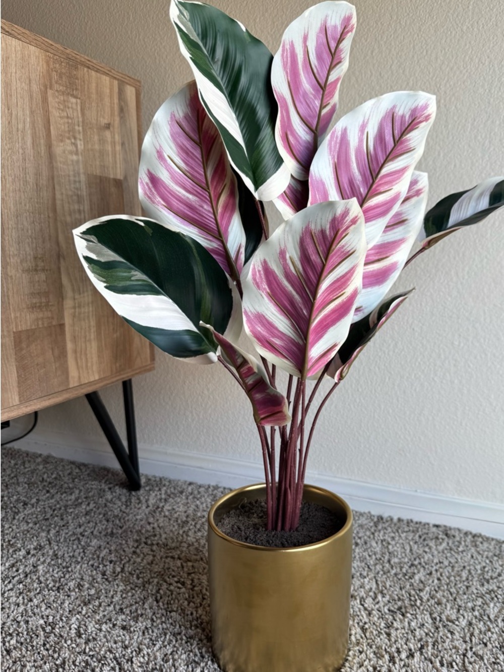Pink & Green Faux Calathea Plant in Gold Pot - Decorative Home Accent